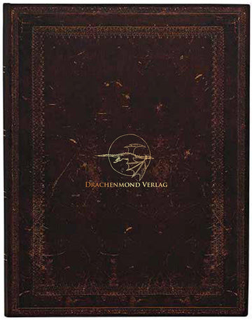 Das Produktbild zeigt das Paperblank. Mittig ist das Drachenmond Verlagslogo - ein fliegender Drache vor Vollmond, darunter der Verlagsname - auf dunkelbraunem Hintergrund abgebildet.